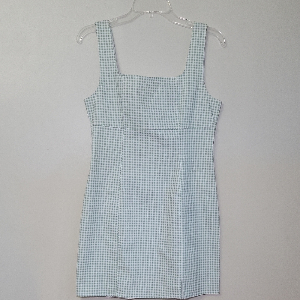 NWOT Lulu's‎ Happy Chance Sage Green Gingham Square Neck Mini Dress Y2K Medium